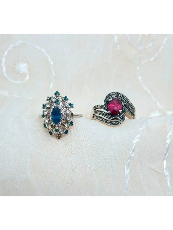 Joseph Esposito Jewelry - Set 2 Rings ESPO Blue Marquise Rhinestone 18k Heavy Gold Electroplate & Red Oval